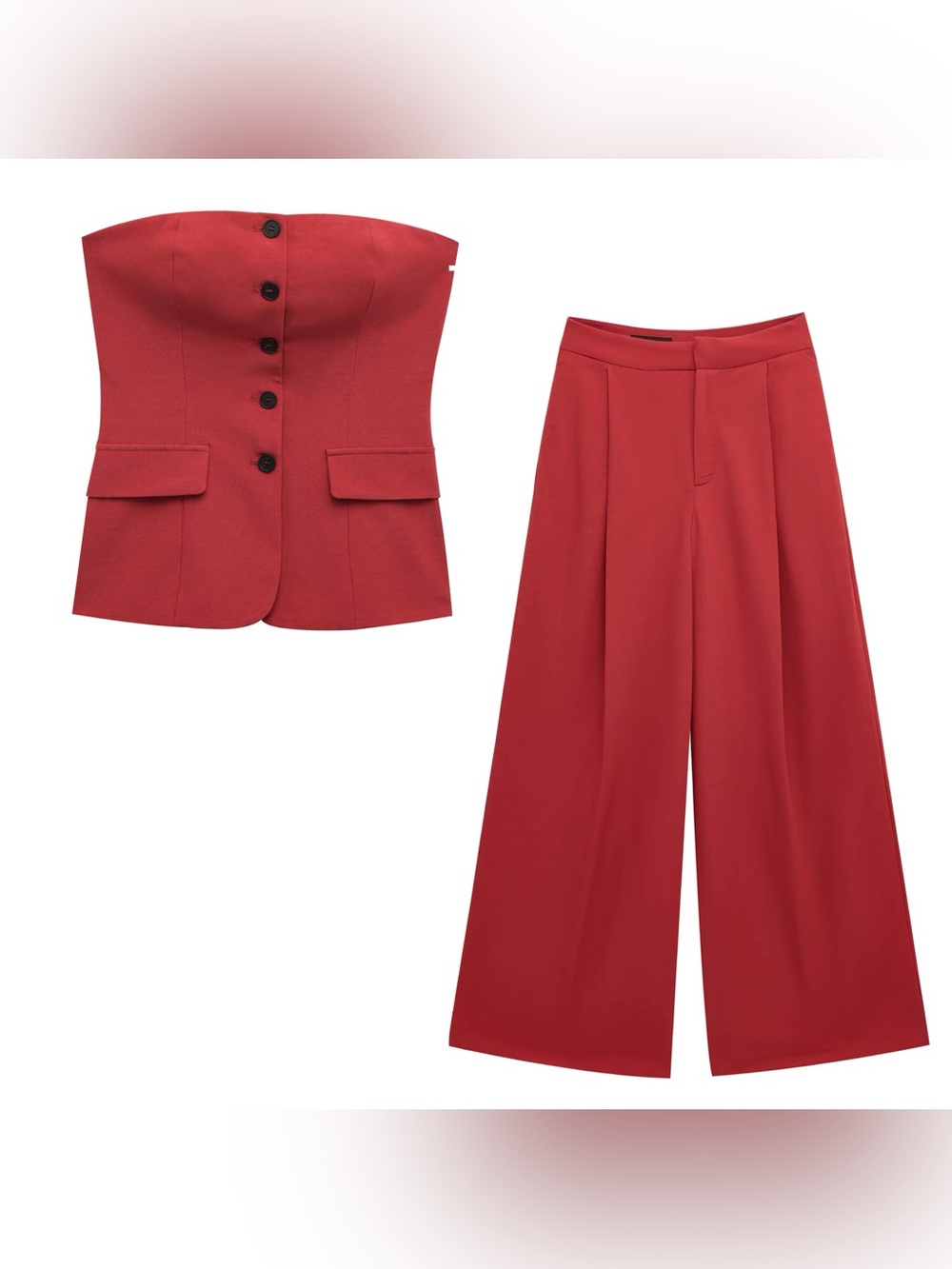 NWT ZARA Strapless Brick Red Wide-Leg Pleated Pantsuit Set Top Large,Pants Small